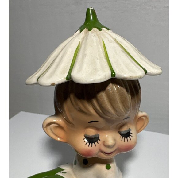 Vtg Ceramic Elf Pixie Figure Flower Hat Polka Dot Outfit Anthropomorphic MCM Jap - Picture 2 of 7